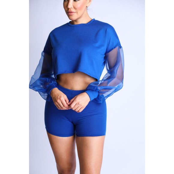 Women's Casual Crew Neck Organza Puff Sleeve Top & Elastic Waist Shorts 2Pcs Set - Picture 9 of 9